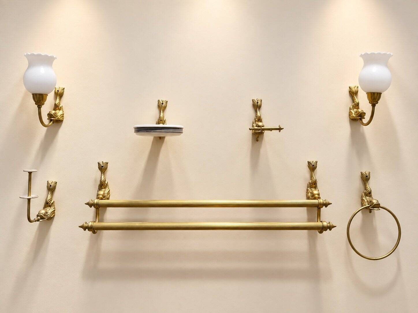 Bathroom set Napoleon III golden brass dolphin motif 7 pieces