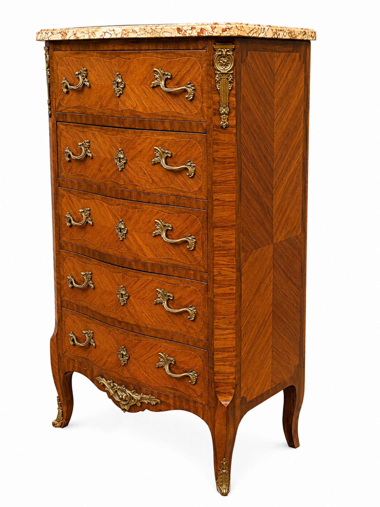 Louis XV style chest of drawers, Rosewood veneer and marquetry.