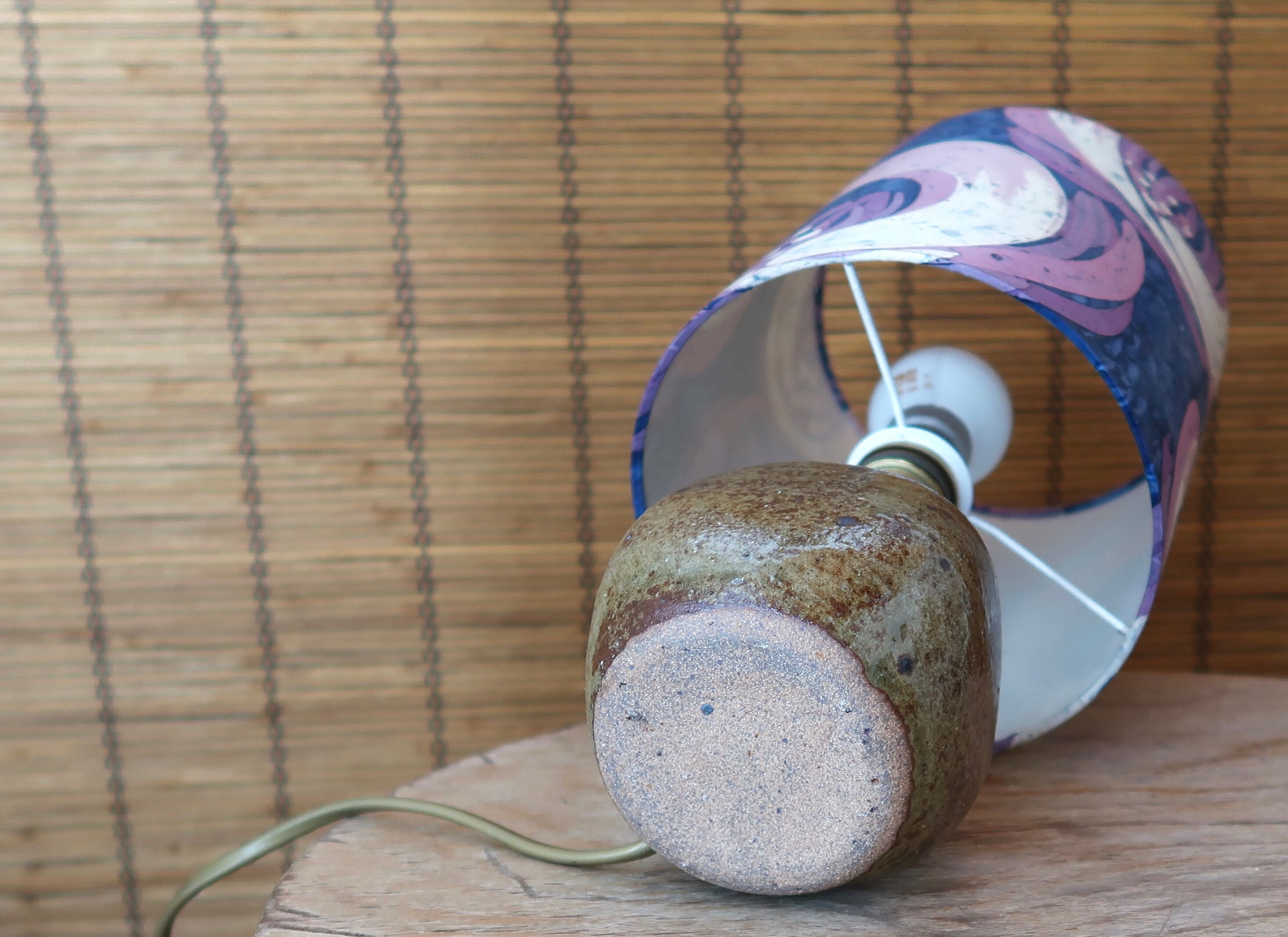 Stoneware lamp, purple fabric lampshade, 60s