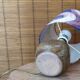 Stoneware lamp, purple fabric lampshade, 60s