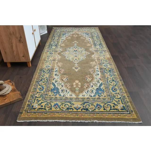 Vintage Turkish Oushak Handmade Wool Cotton Brown Runner Rug 127x310