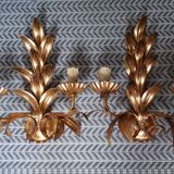Pair of vintage golden sheet metal wall lights with leaf decoration