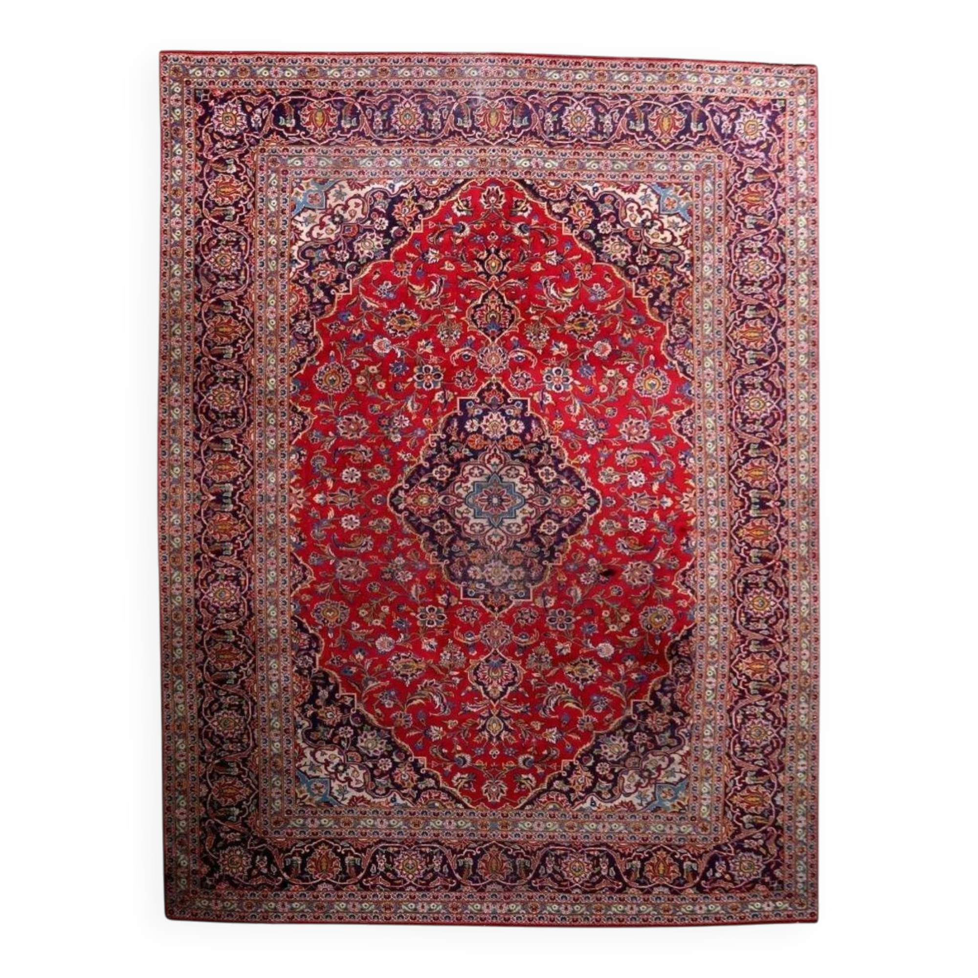 Antique Kashan wool rug, medallion & allover floral, crimson & navy, c. 1920s — 283 × 384 cm — 1C1279