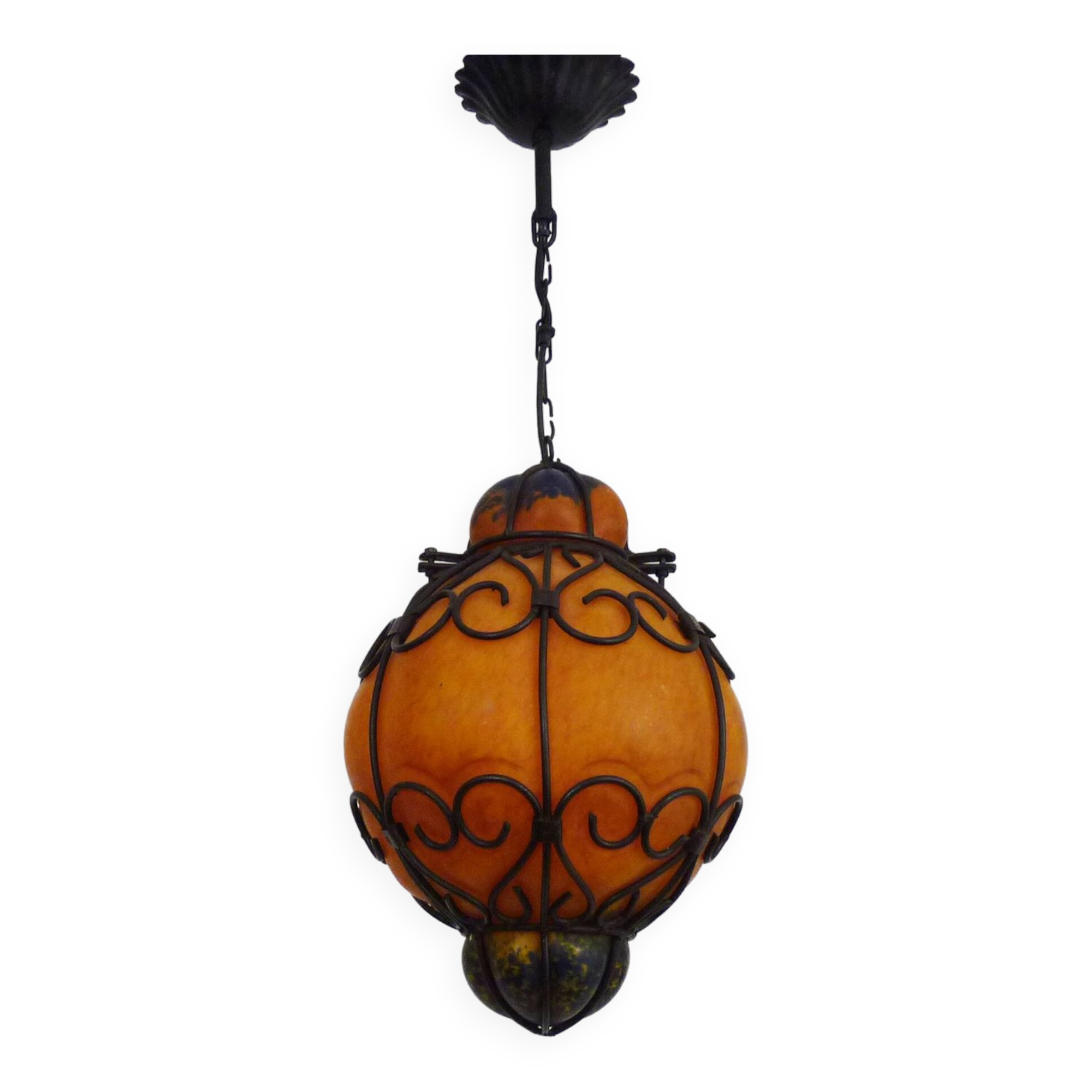 Venetian cage lantern suspension in orange and blue glass paste. Venetian lantern