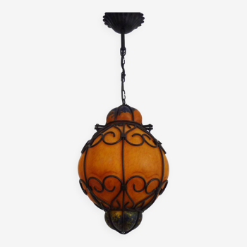 Suspension lanterne cage Vénitienne en pâte de verre orange et bleu. Lanterne vénitienne