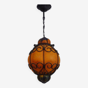 Venetian cage lantern suspension in orange and blue glass paste. Venetian lantern