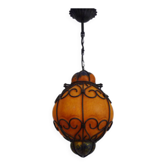 Venetian cage lantern suspension in orange and blue glass paste. Venetian lantern