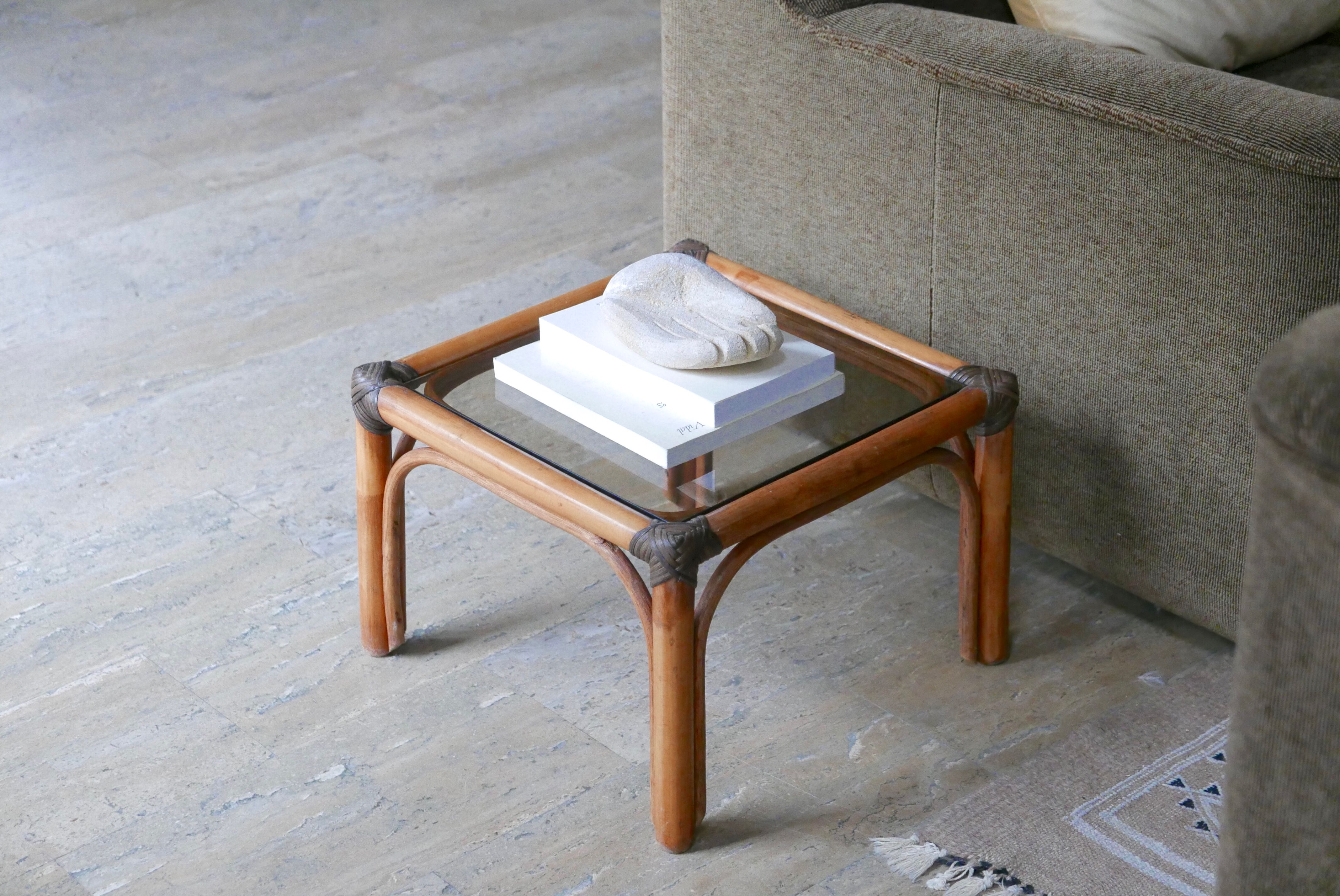 Side table in bamboo and smoked glass, 60s