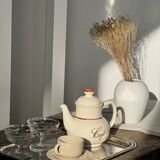 Set of 4 vintage speckled beige stoneware coffee cups.