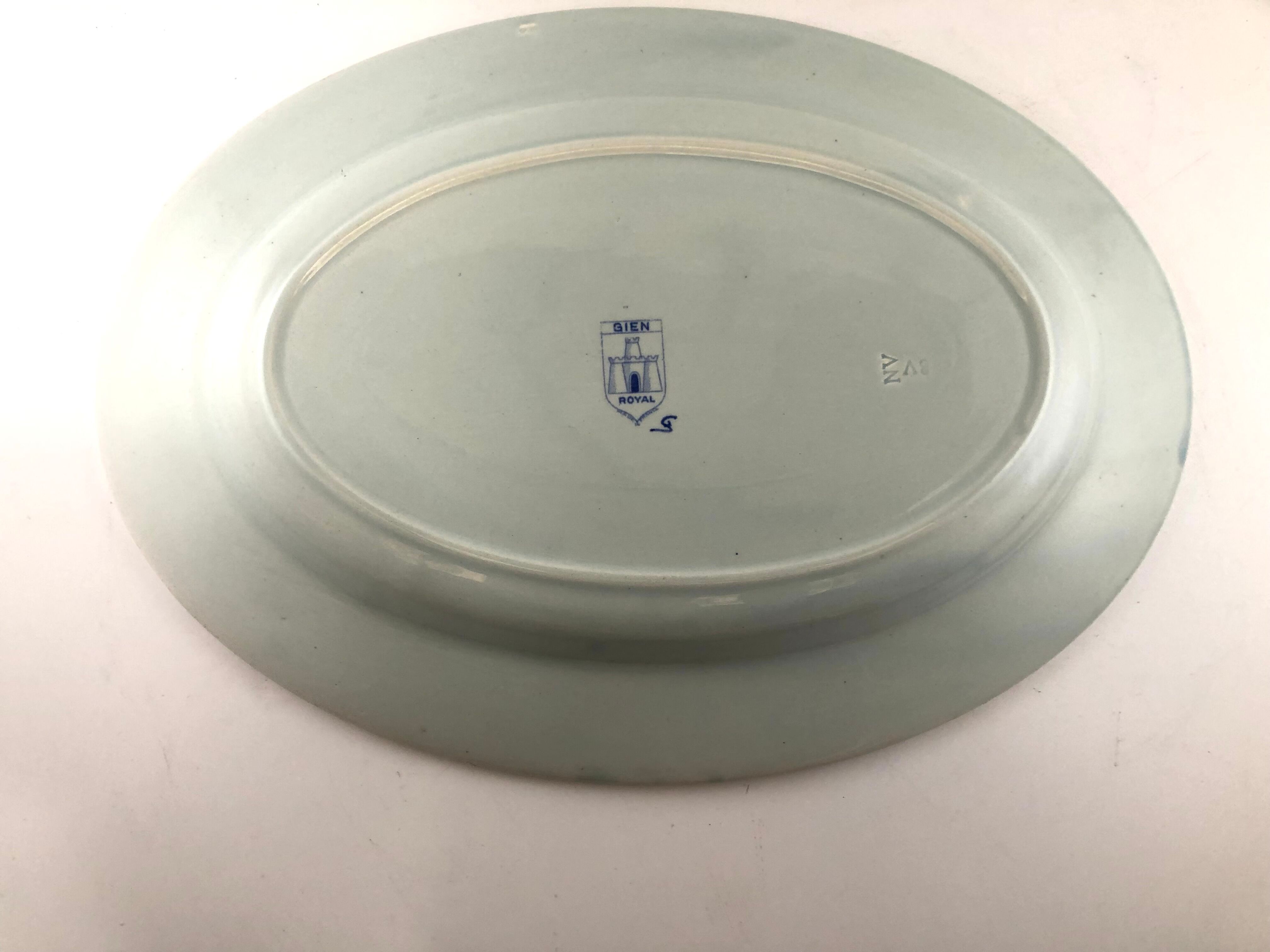 Oval dish Gien Modele Royal décor Rouen with blue arabesques 37cm