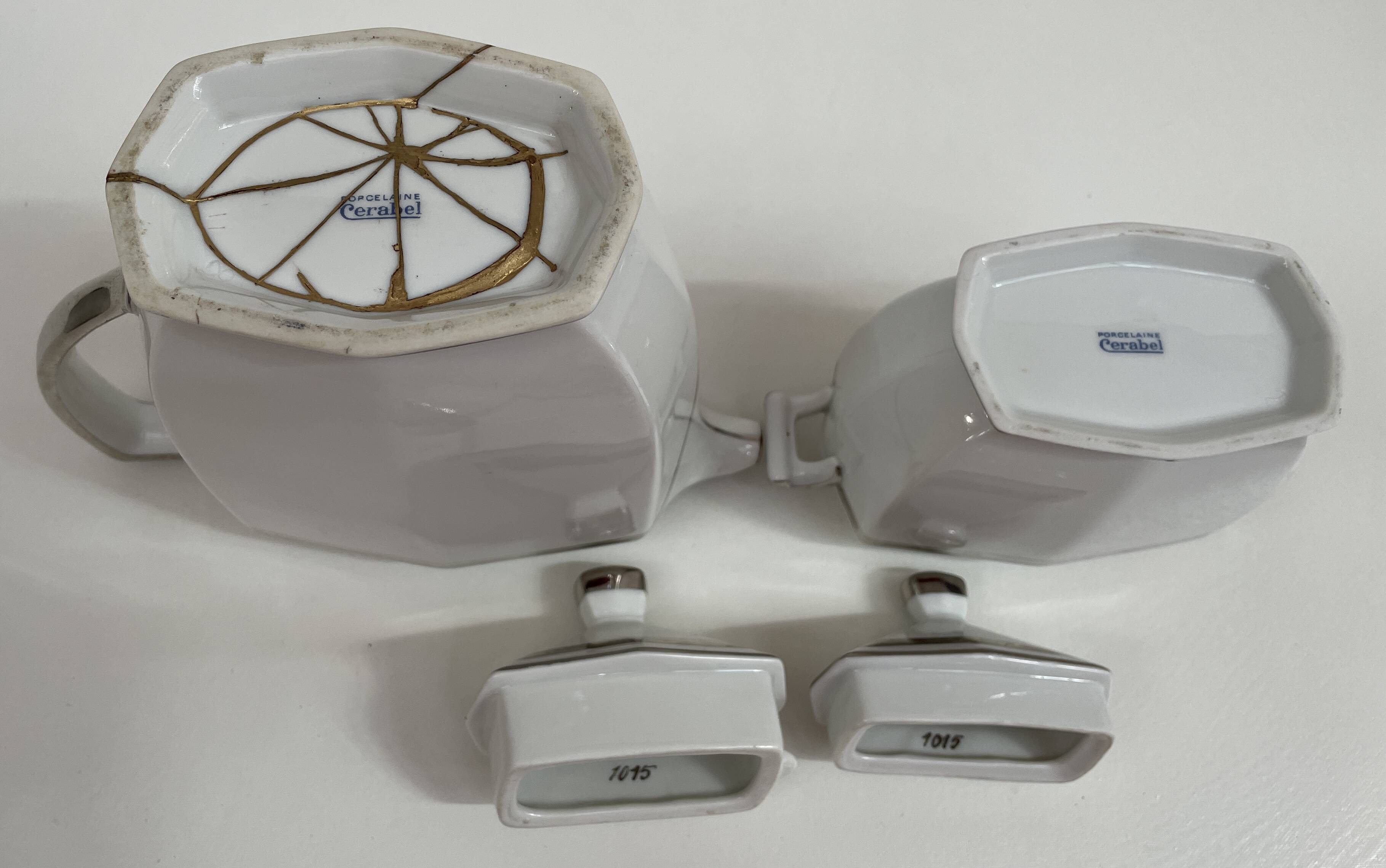 Art Deco service, porcelain with platinum, Kintsugi restoration.