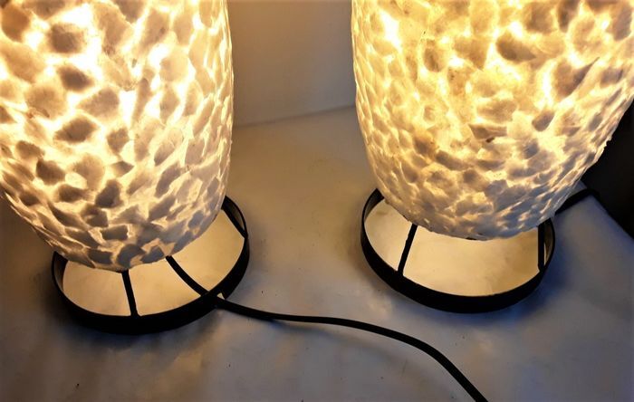 Pair of table lamps- "silver" shells / pearl white