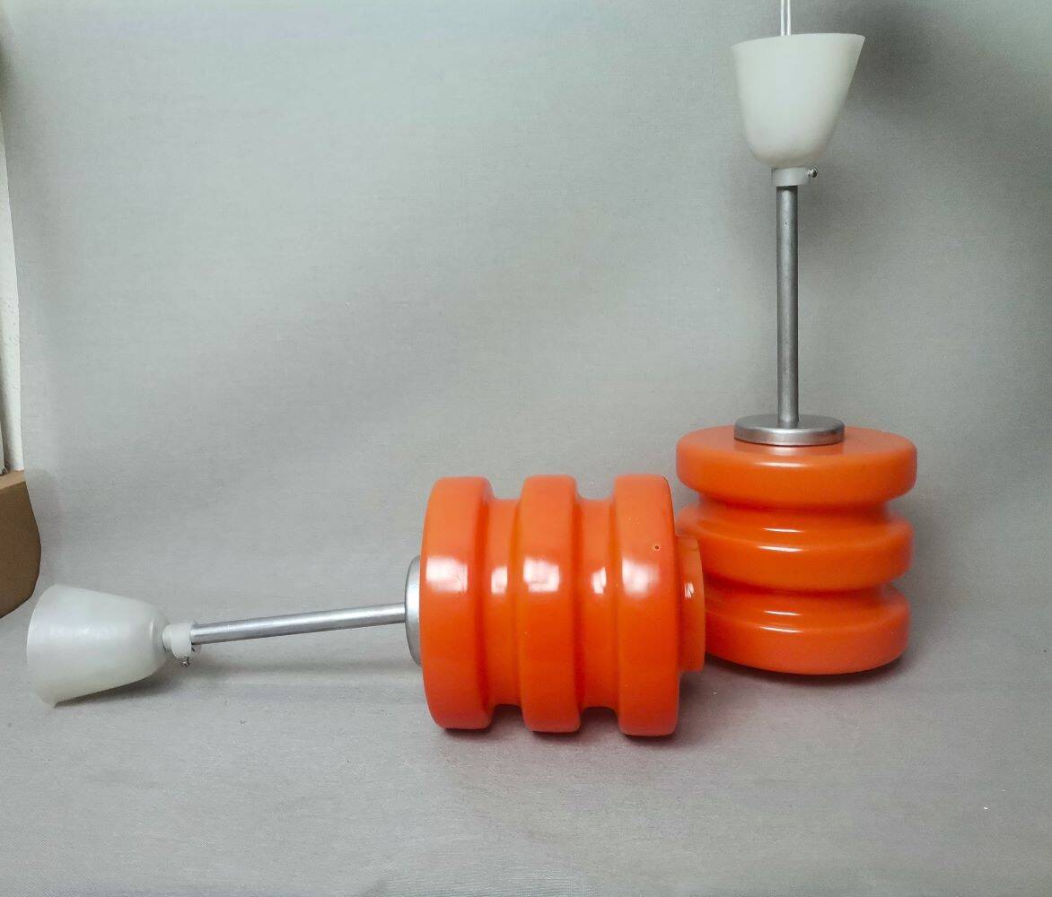 Pair Mid Century Modern MCM orange glass hanging lamps