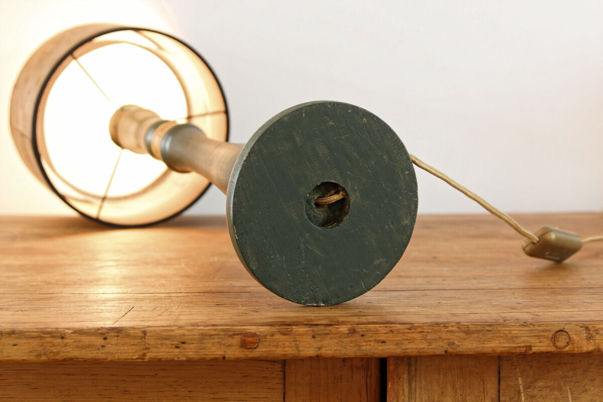 Turned wooden lamp, green and gold