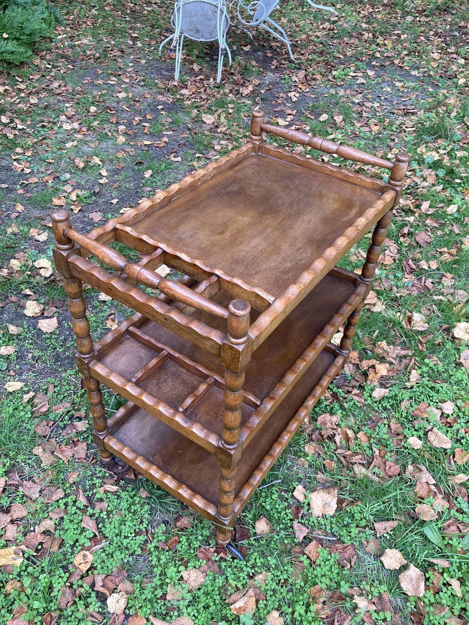 Wooden service turned on old wheels with bottle holder