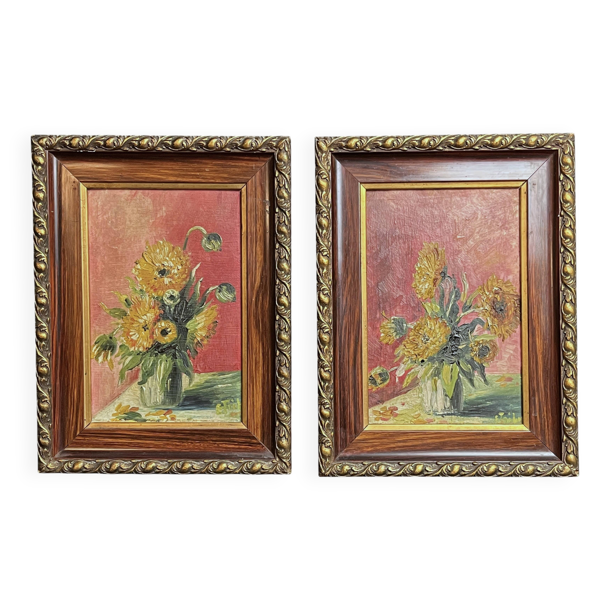 Oil on panel, pair of signed bouquet frames, early 20th century
