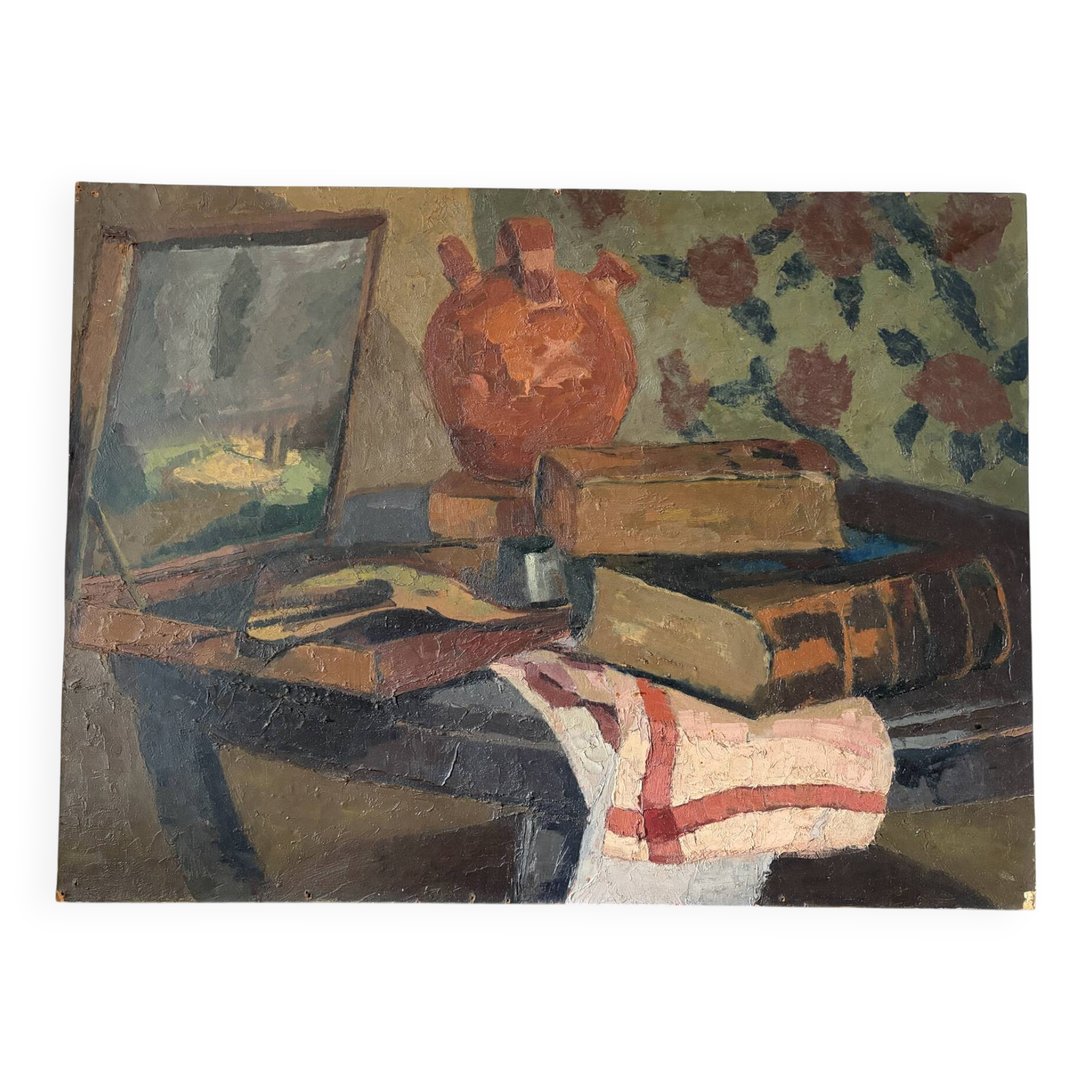 Still life, painter's table, oil on panel