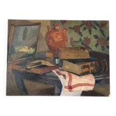 Still life, painter's table, oil on panel