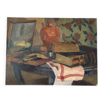 Nature morte, table du peintre, huile sur panneau