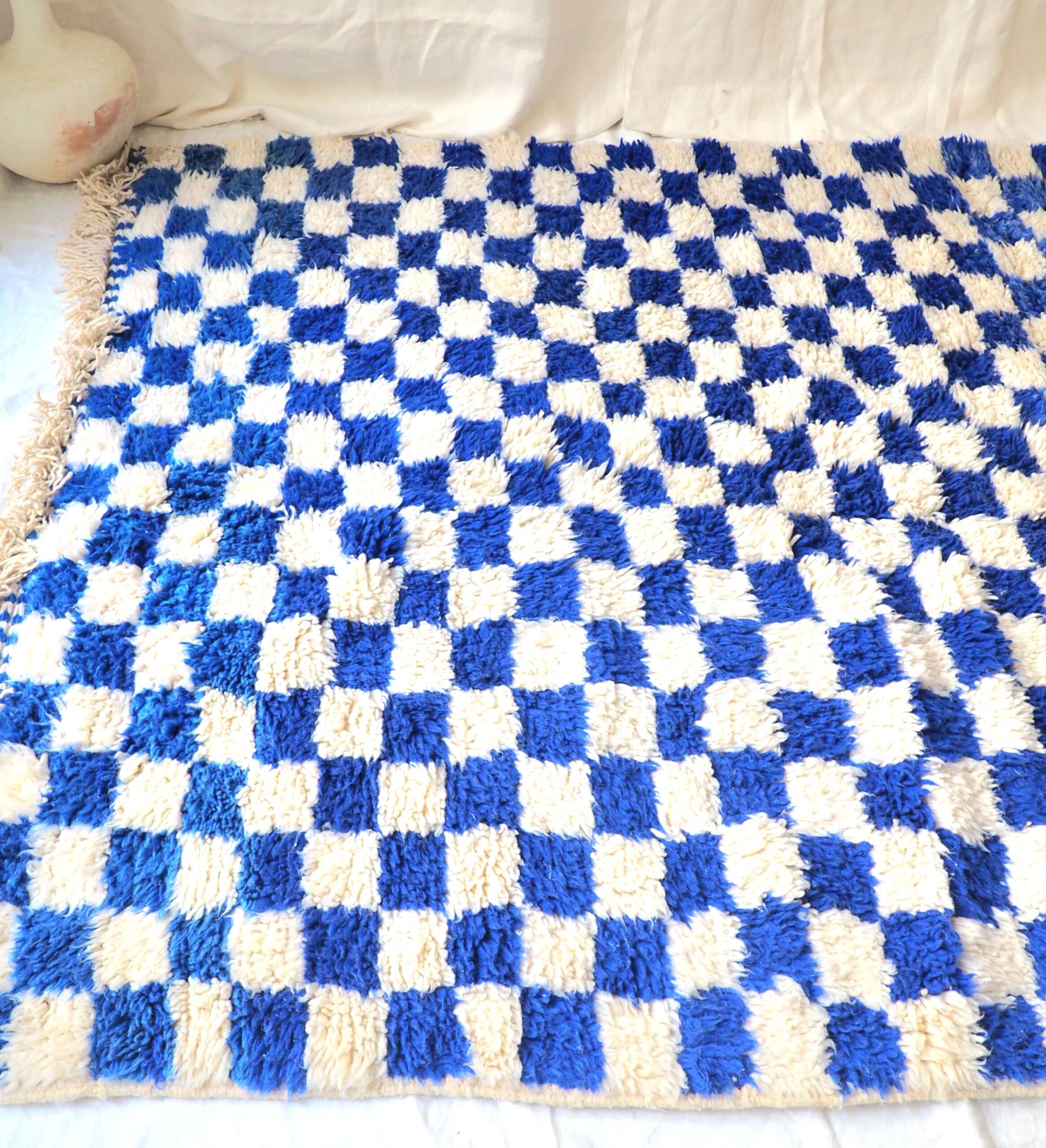 Majorelle Blue Moroccan Checkerboard Rug. Handmade, 100% pure wool. 255x165cm