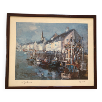 Lithographie vers 1960 port en bretagne signé numéroté le zachmeur (guy le borgne) cadre verre, bleu