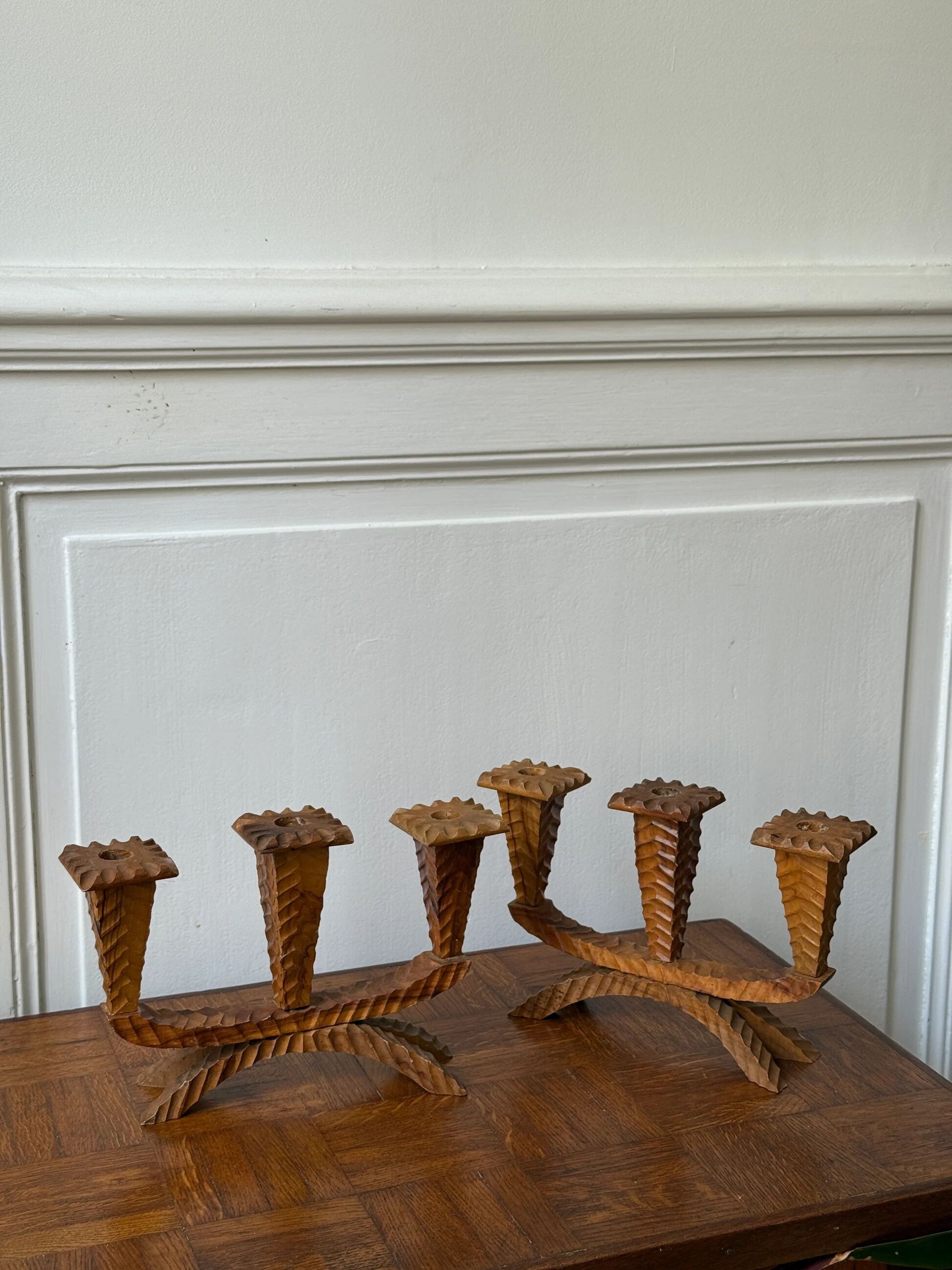 Pair of carved wooden candlesticks - 3 branches