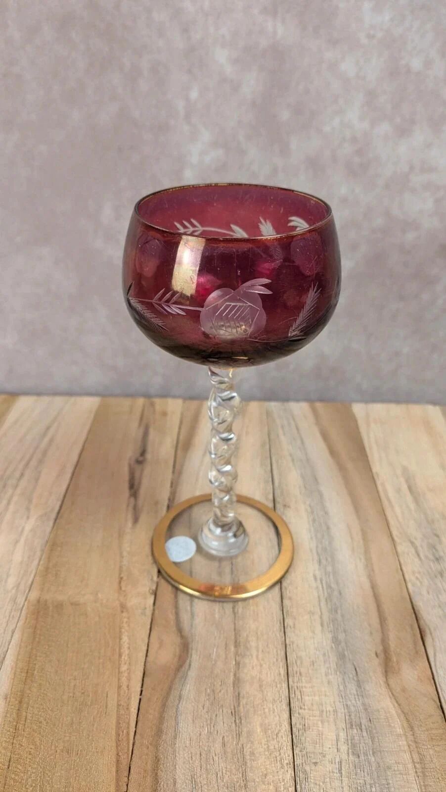 Antique fuchsia pink engraved glass – twisted stem