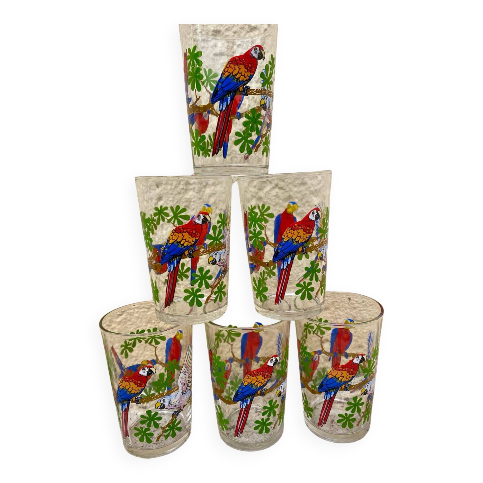 Six vintage parakeet glasses