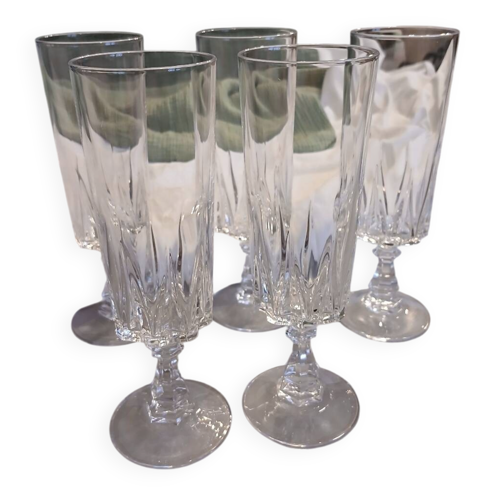 5 antique crystal flutes