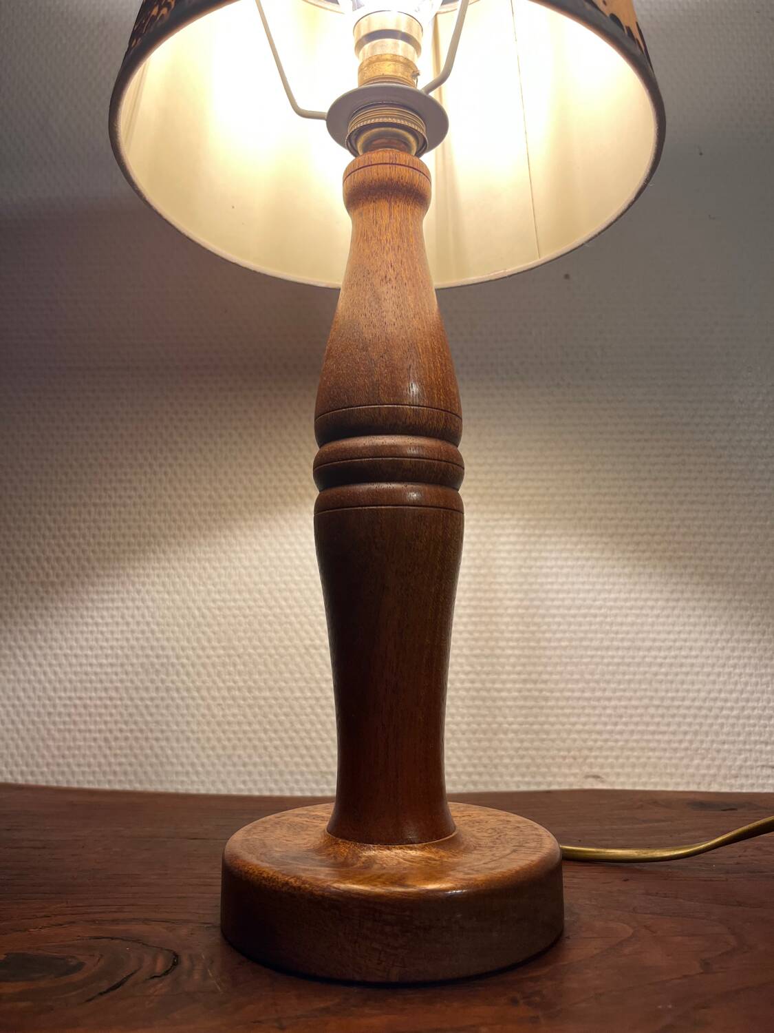 Solid wood table lamp with baroque shade from the 70s
