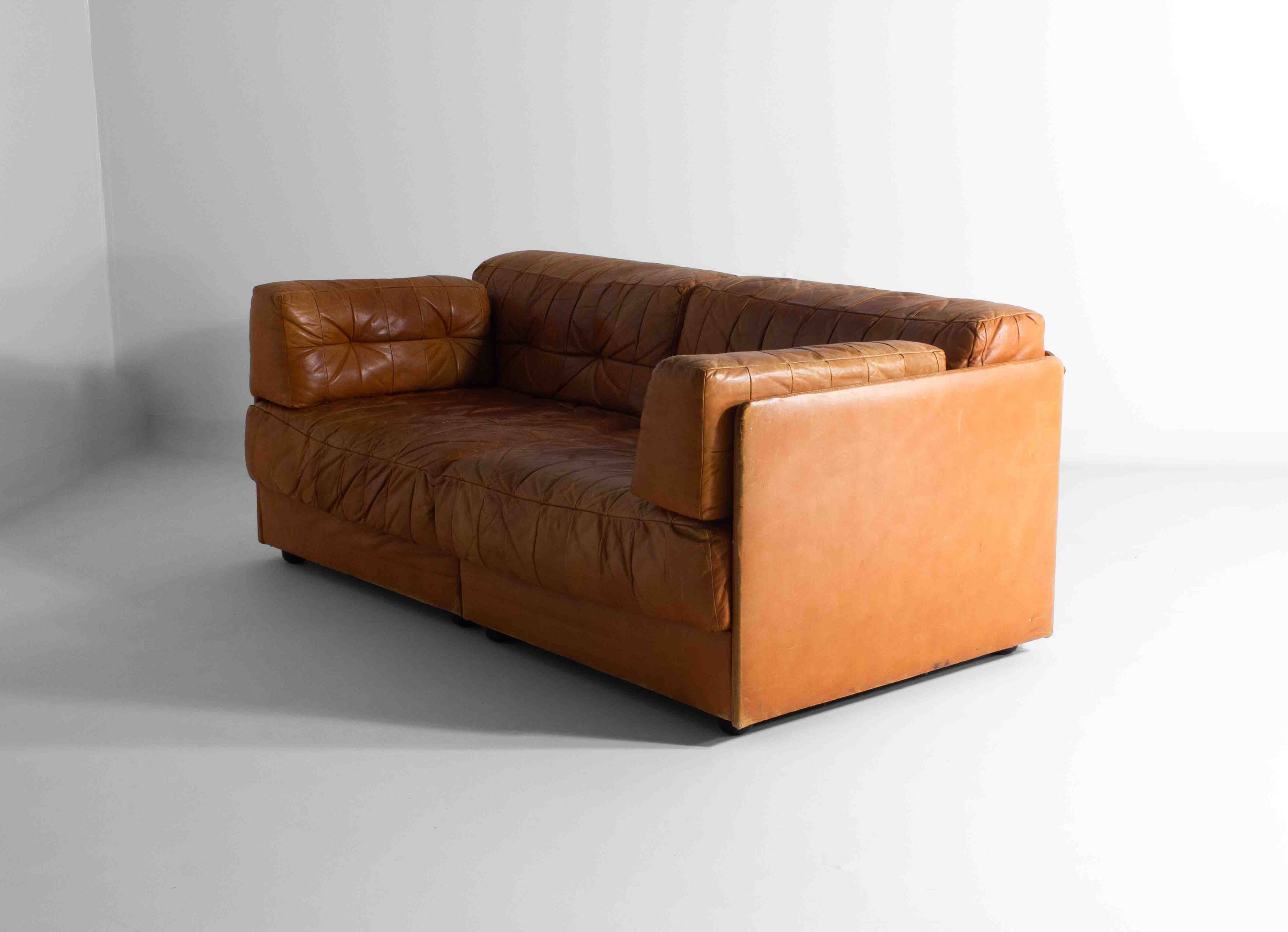 Vintage patchwork leather sofa in caramel leather, Germany 1960s