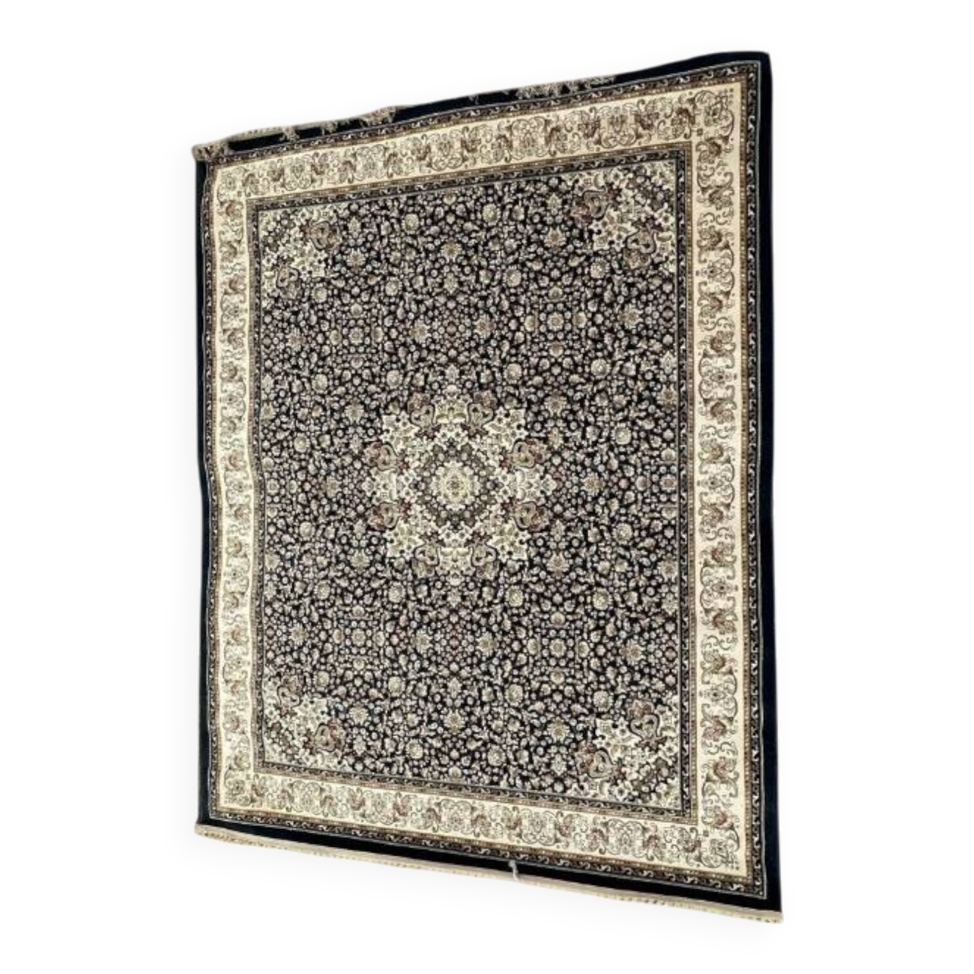 Tapis de Salon Classique Bleu Marine Orné de Fleurs