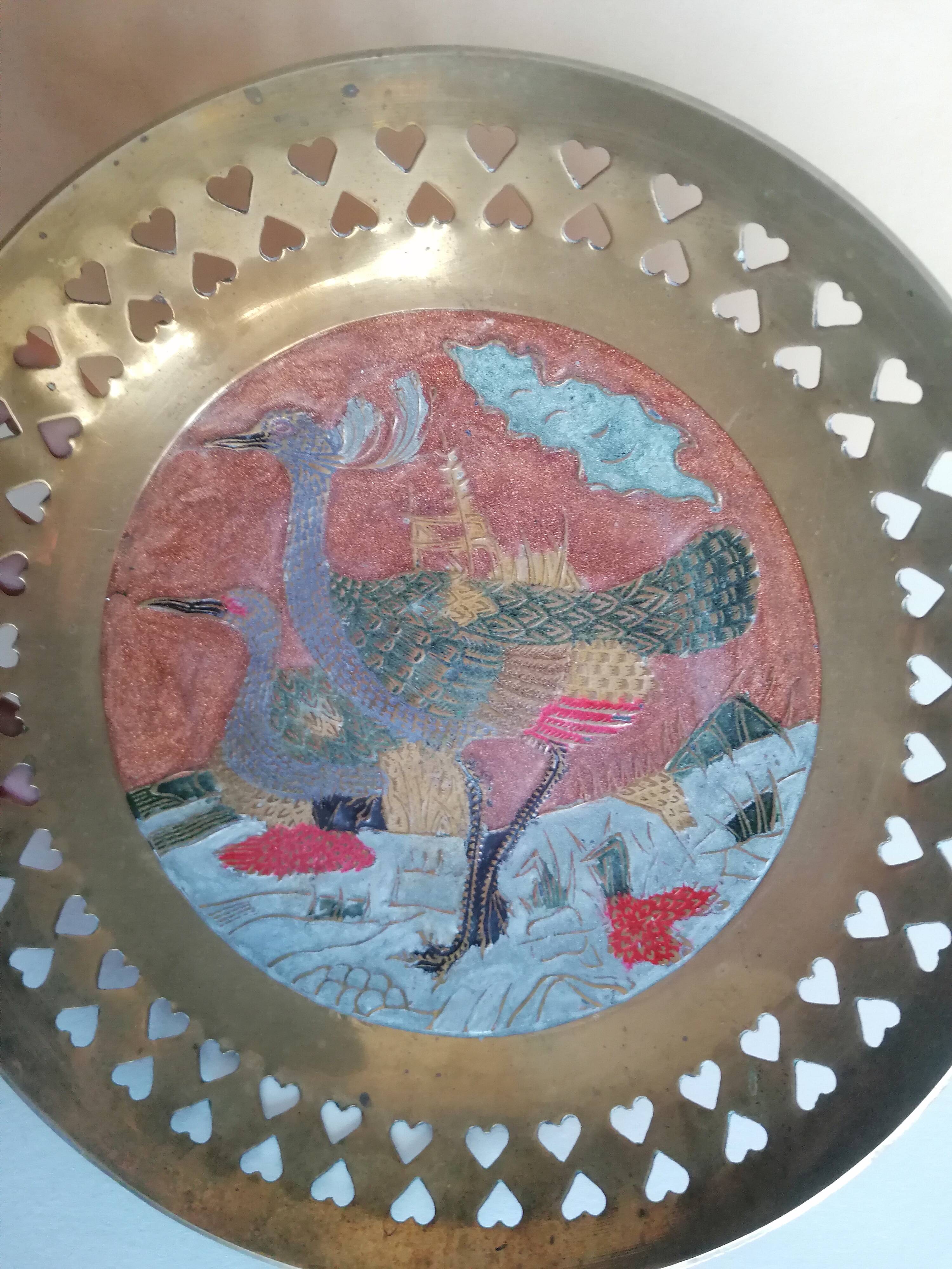 Enamelled brass bowl with peacock decoration