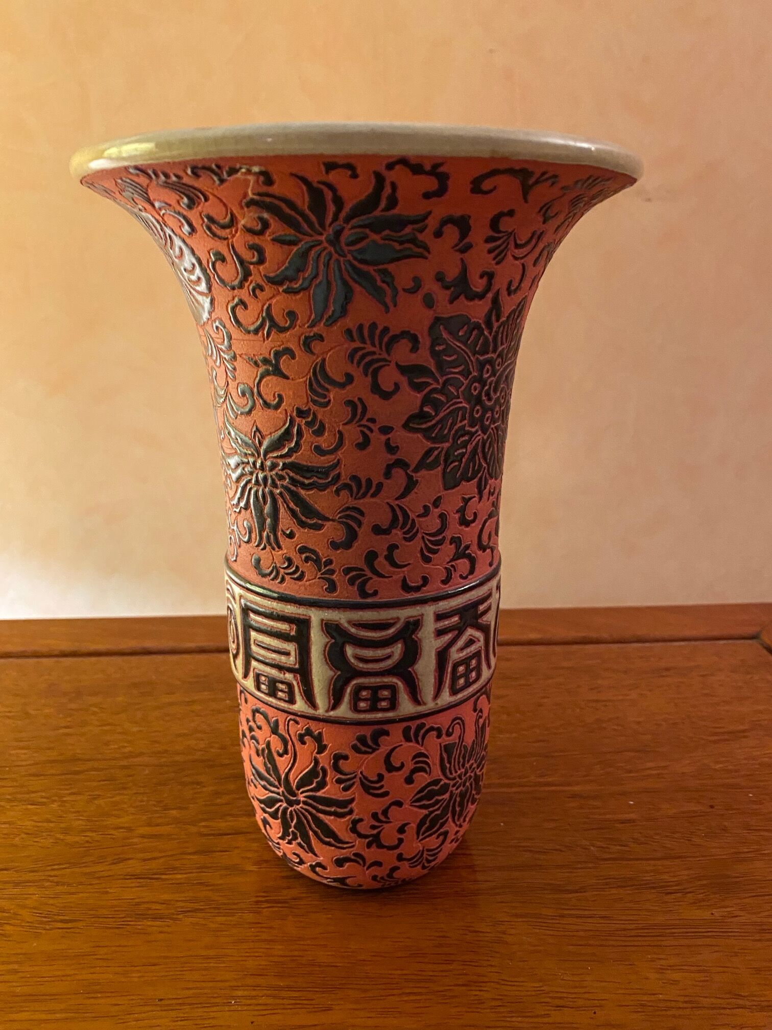 Ceramic vase, red cloisonné