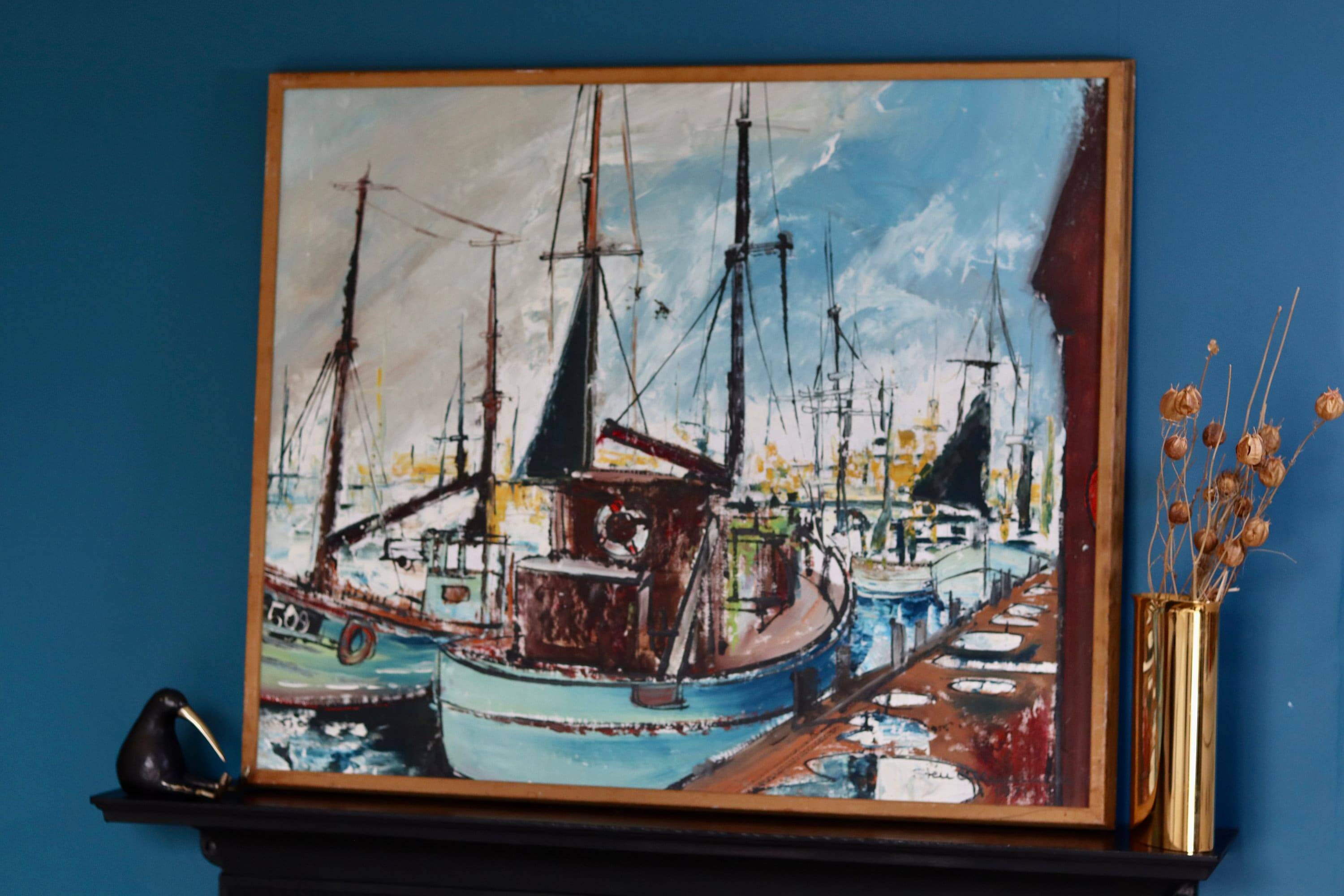 Original Swedish oil on canvas from the mid-century "Marina" by Steu (1971) - Framed