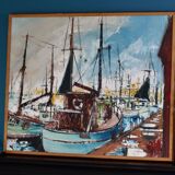Huile sur toile originale suédoise du milieu du siècle « Marina » de Steu (1971) - Encadrée