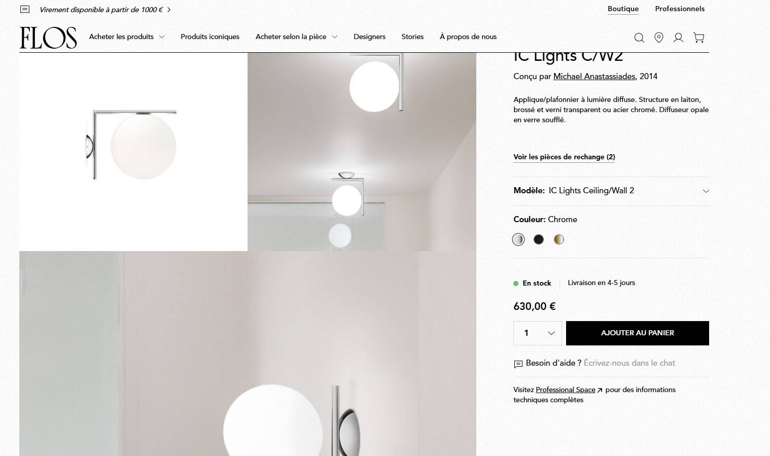 Pair of FLOS IC Lights C/W2 Wall Lights – Chrome & Globe Ø30 – Blown Glass