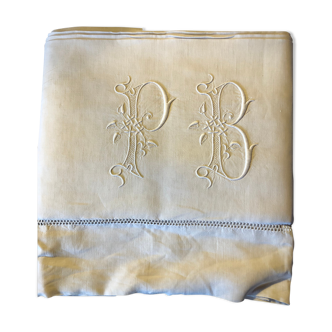Drap ancien pur fil monogrammé PB pour lit 140cm