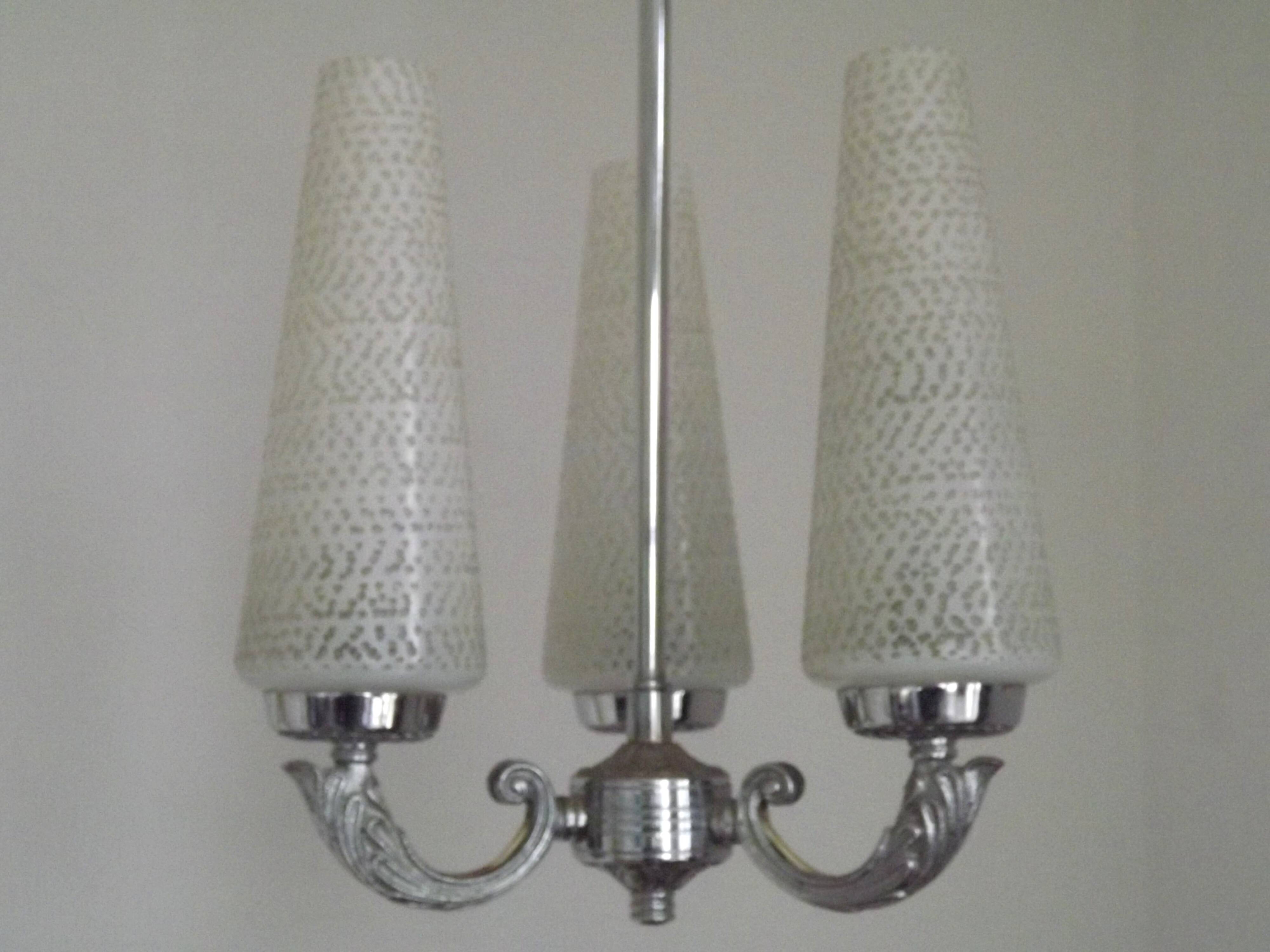 French Mid-Century 3-Light Silver Metal Chandelier with Glass Cone Shades
