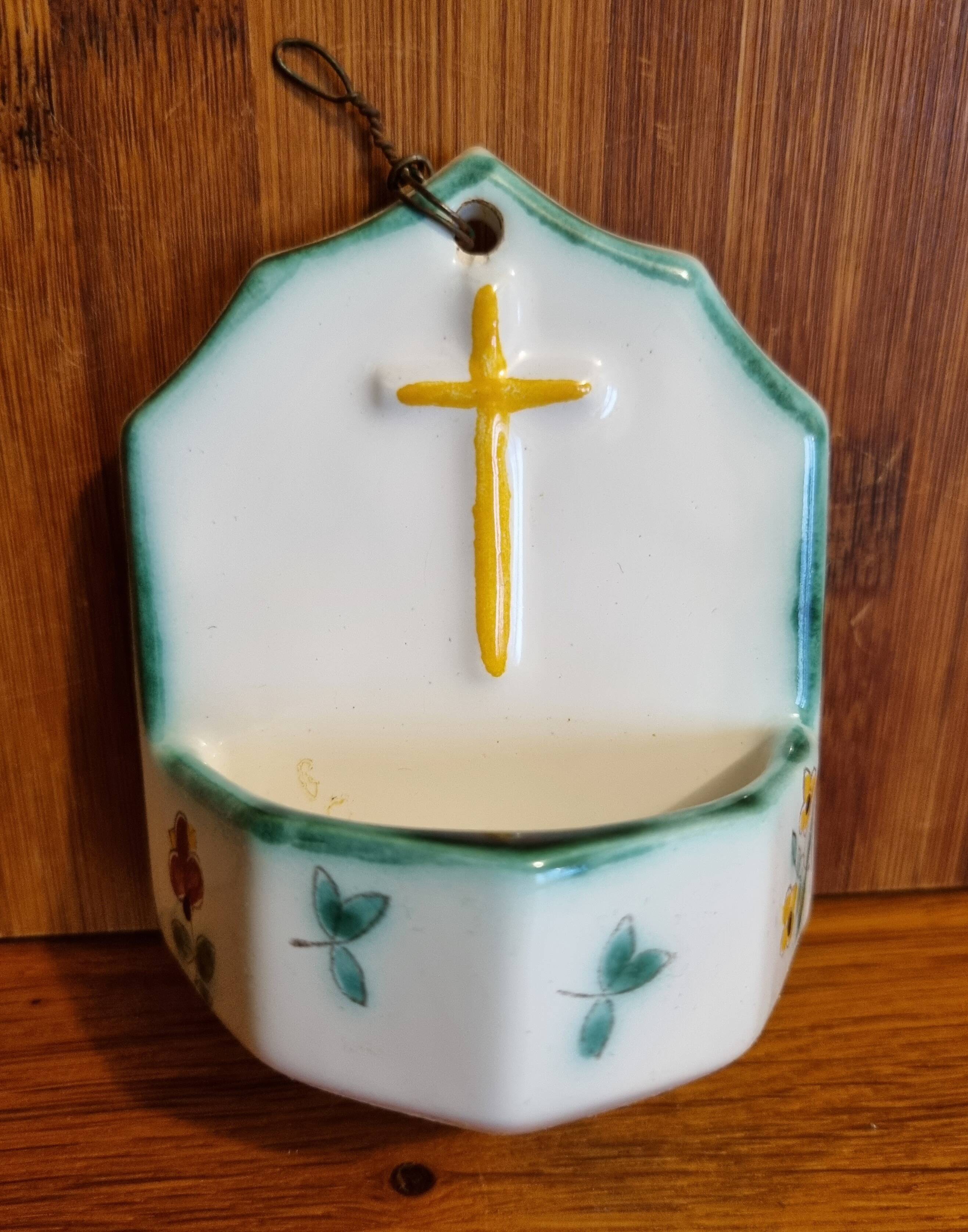 Small antique porcelain holy water font with cross