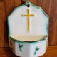Small antique porcelain holy water font with cross