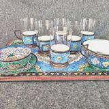 Antique tea service, Persian work, Baccarat crystal, enamels on copper