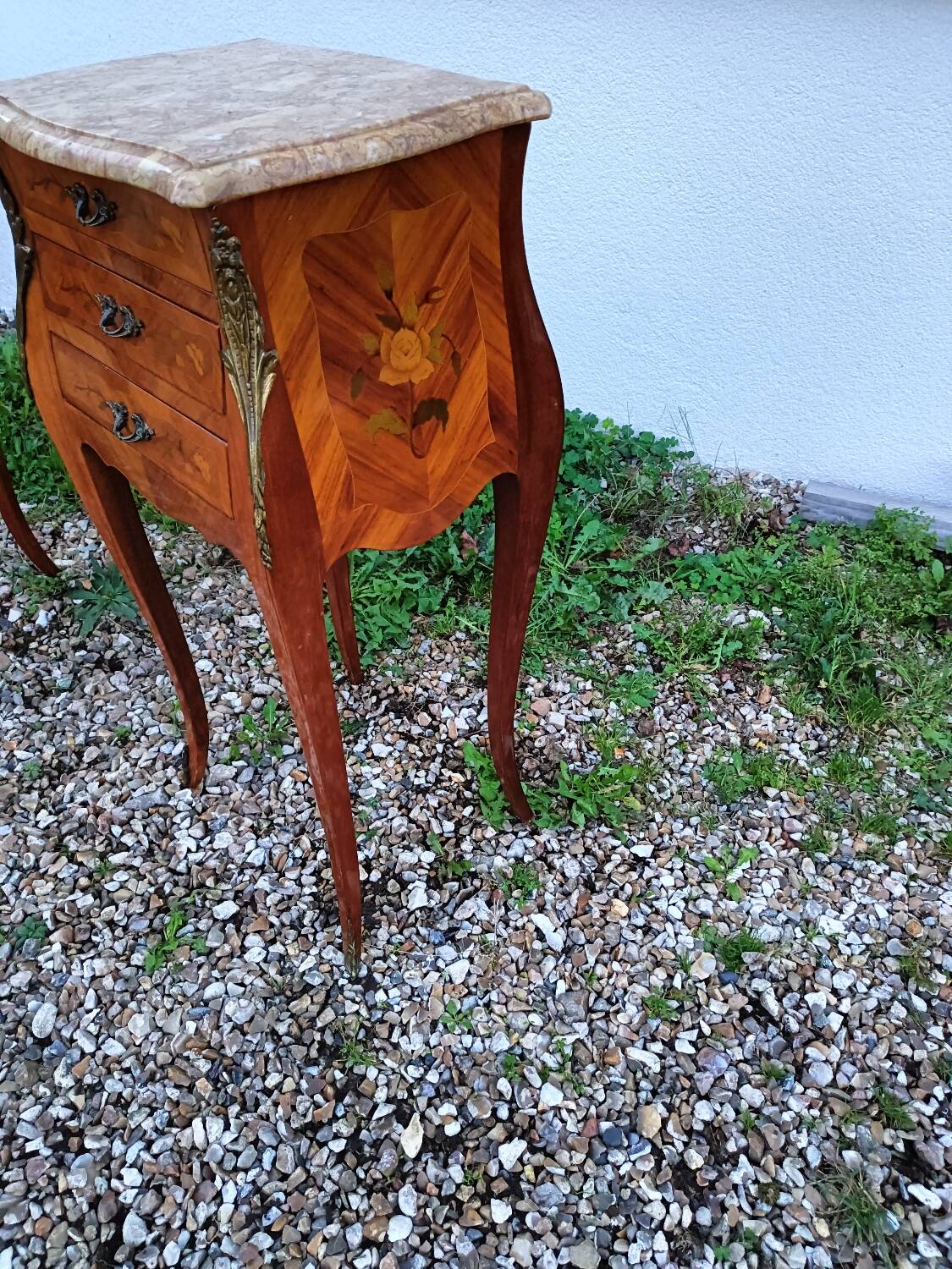 Louis xv style marble top marquetry bedside tables