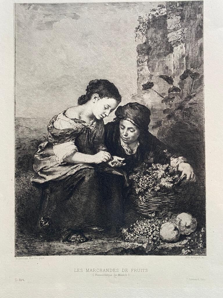 B.Esteban Murillo, "Les Marchands De Fruits", engraving by Albert Artigue, XIX