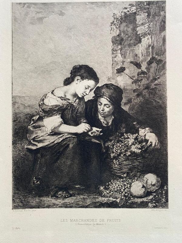 Gravure par albert artigue, xixe B.esteban murillo, ''les marchands de fruits