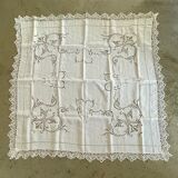 Old embroidered square tablecloth bordered bobbin lace