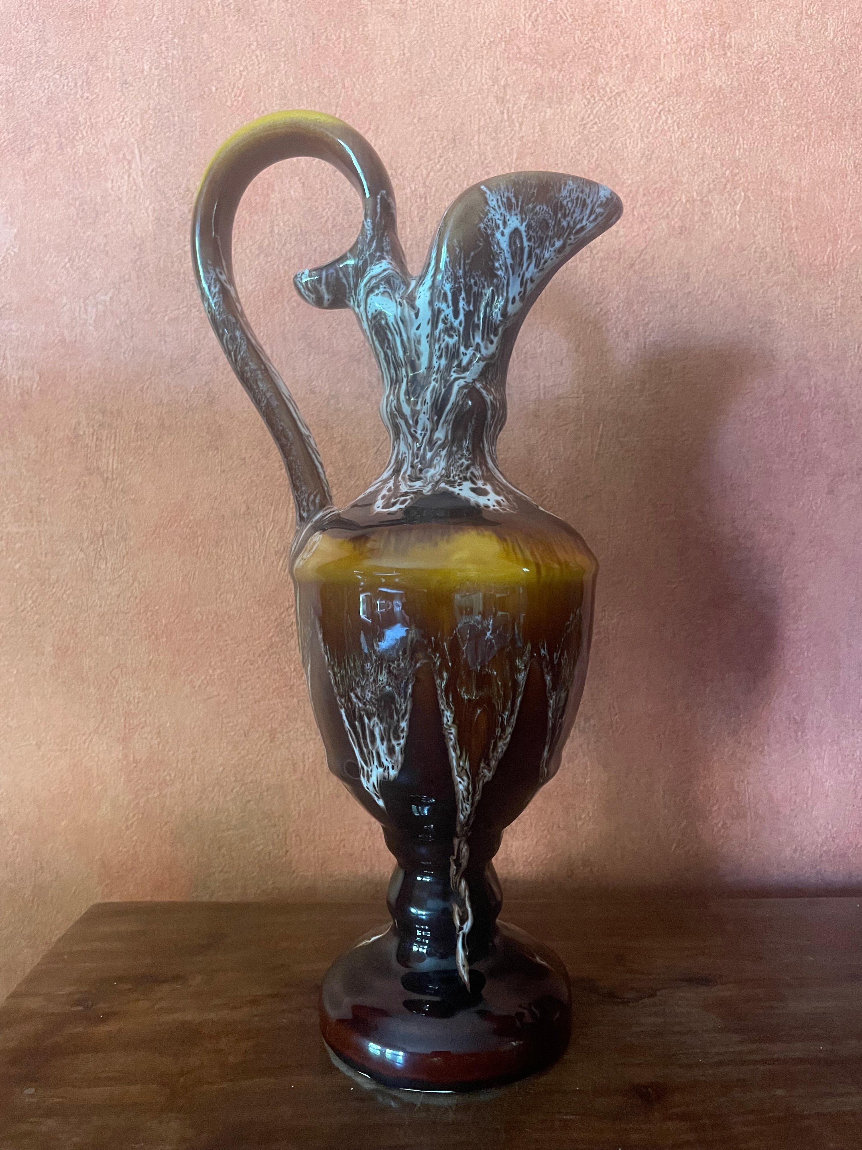 Vintage ceramic pitcher vase from Vallauris – Flamed enamel with an effect of jade.