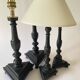 Duo wooden lamps, new 2 M fabric cables, lampshades