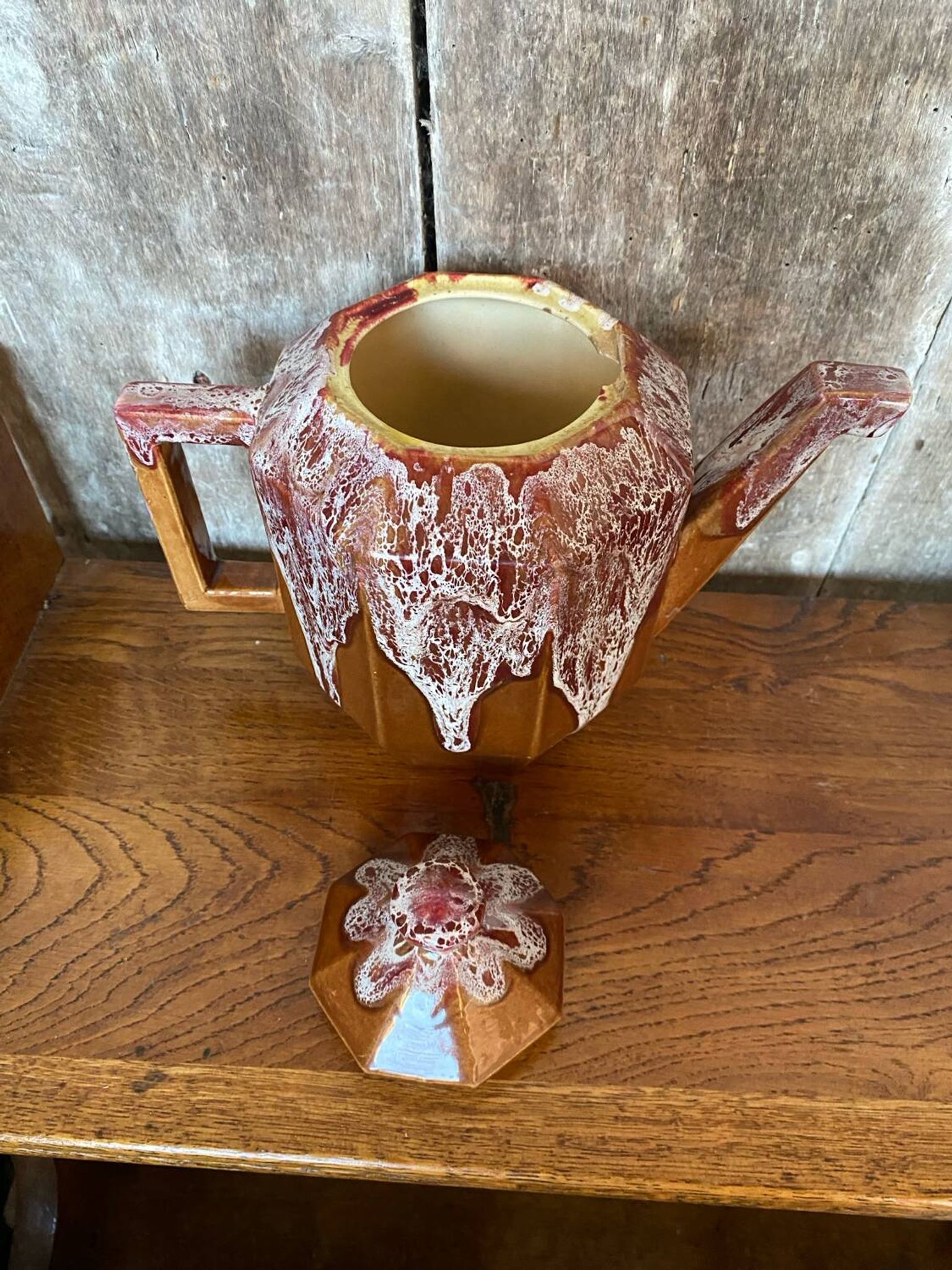 Ancienne théière gf art déco céramique flammée marron vintage