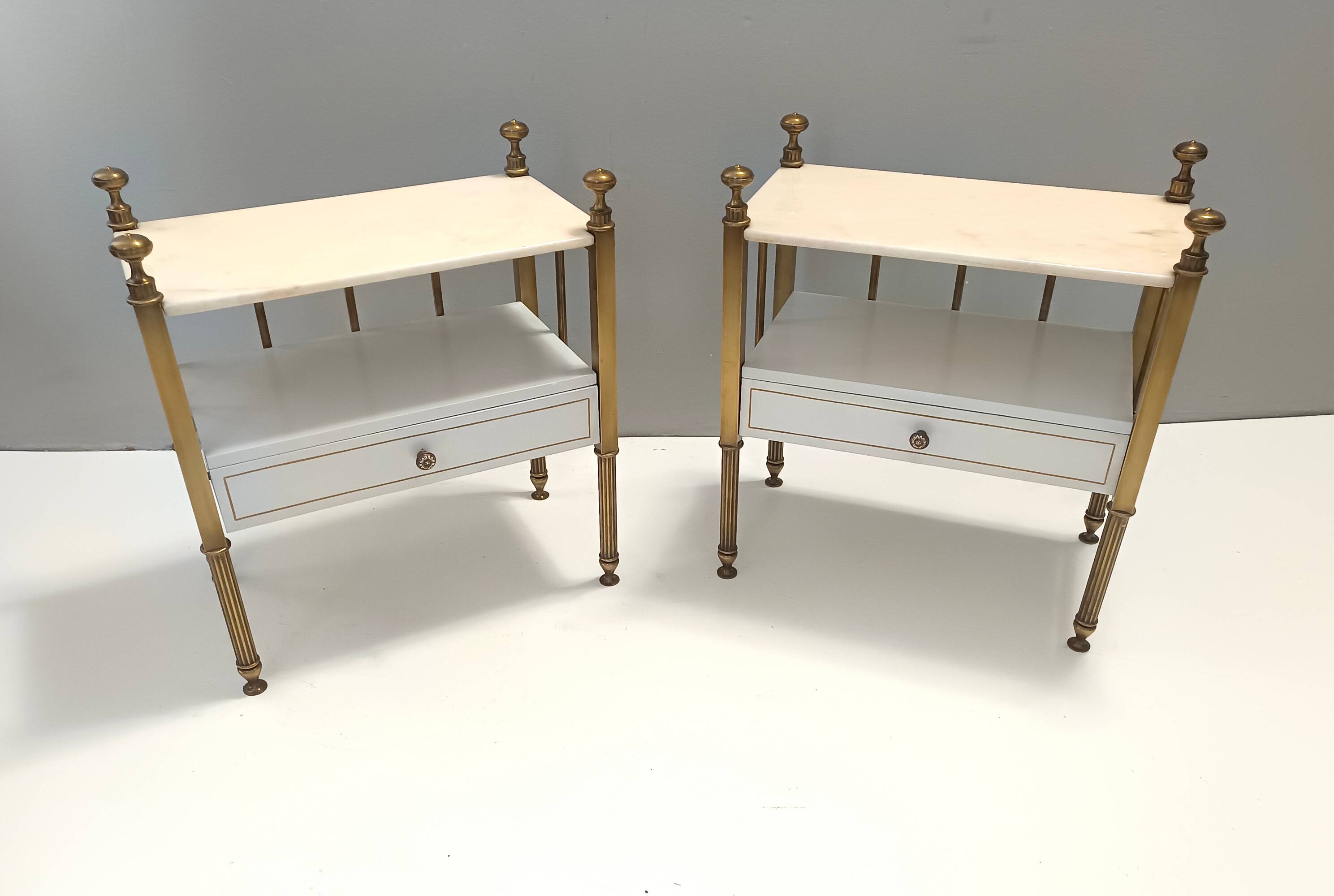 Pair of Brass and White Lacquered Nightstands with Marble Tops, Italy